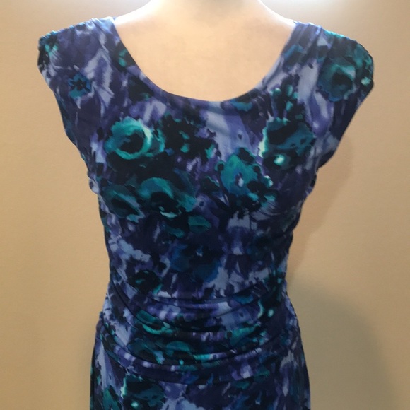 Enfocus Studio Purple Floral Ruched Waist/Shoulder Fit & Flare Midi Dress-Size 8 - Picture 2 of 13